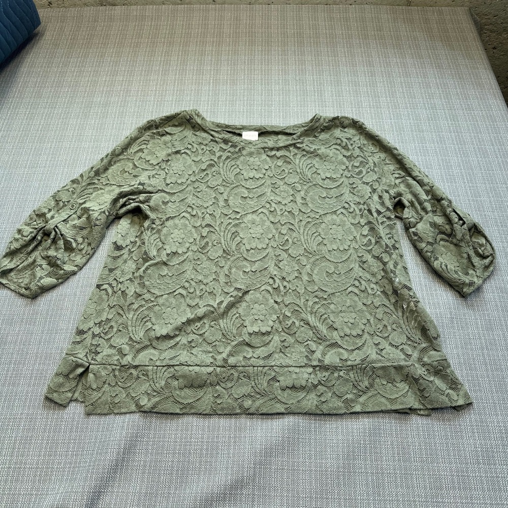 Chicos Boho Cottagecore Lace Top size 3 / XL ‎ Green Sheer Romantic Layering